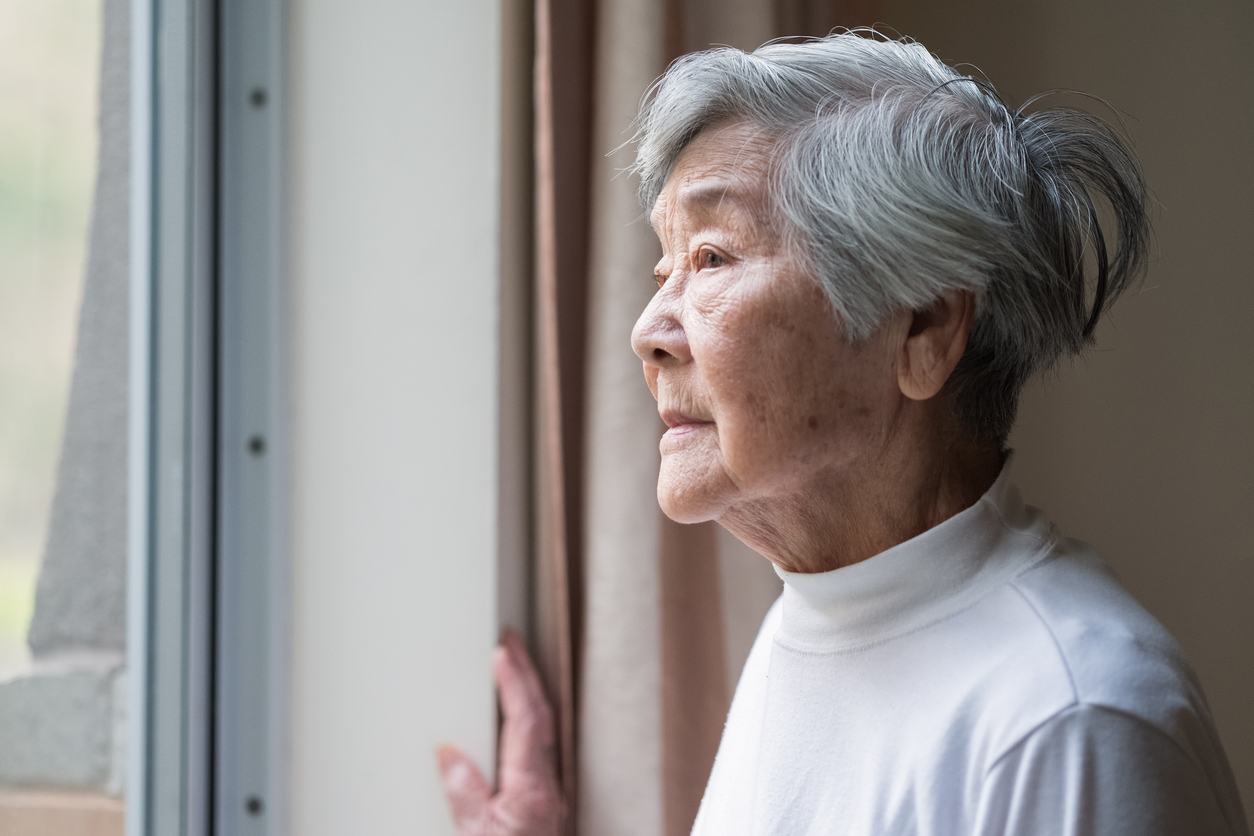 Shouting, headache and elderly woman in bed with insomnia, vertigo